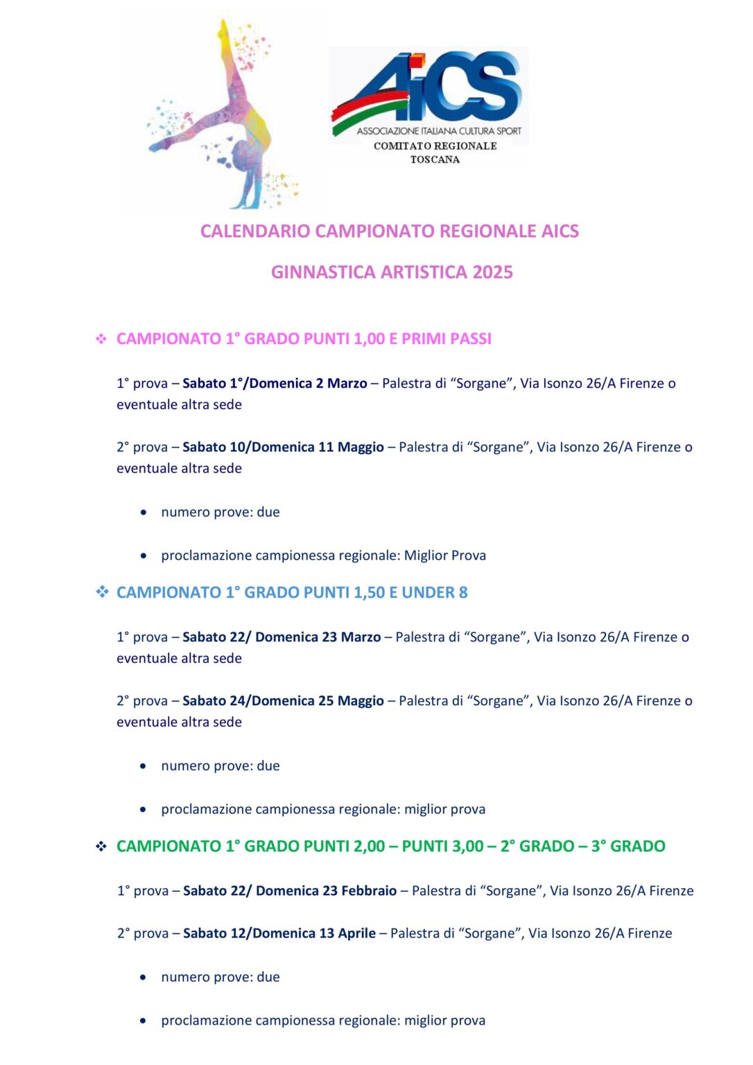 CALENDARIO REGIONALE AICS GAF 2025 AICS TOSCANA